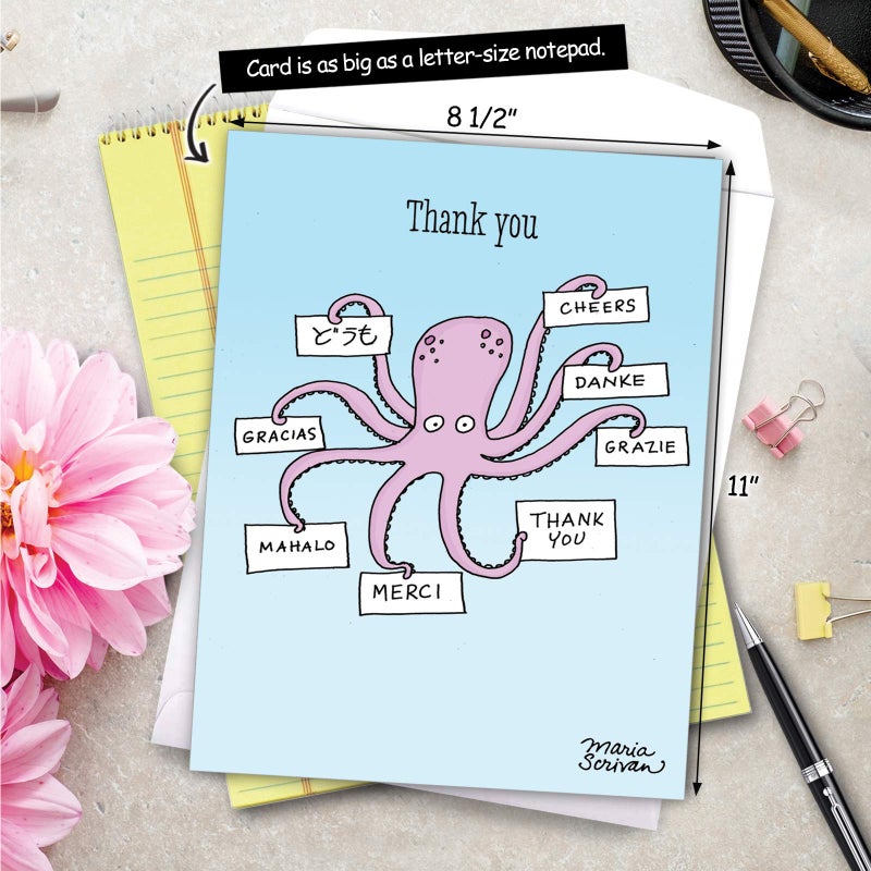 NobleWorks - Jumbo Thank You Card with Envelope (8.5 x 11 Inch), Animal Notecard, Thankful Friend - Octopus - Big Thank You J4013TYG - Image 3